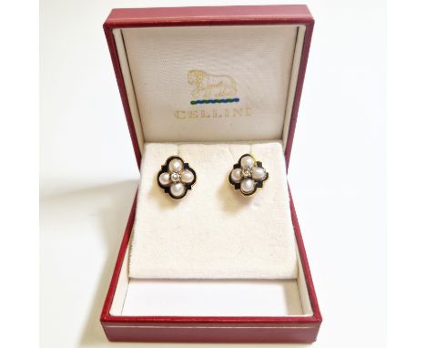 A pair of  Victorian yellow metal diamond, pearl & black enamel screwback earrings. Featuring old mine cut diamonds with an a