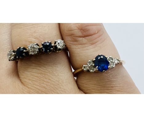 Two sapphire and diamond set dress rings. Featuring a sapphire and diamond half hoop ring, stamped "18c" and "T EWART", size 