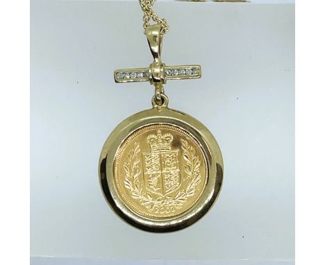 9ct Gold & Diamond Mounted Half Sovereign Pendant On 9ct Yellow Gold Chain  Approximate gross weight: 11g