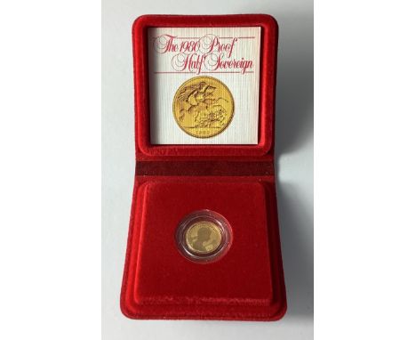 A cased 1980 gold Half Sovereign Proof as follows:  The obverse depicts the Arnold Machin portrait of Queen Elizabeth 11 that