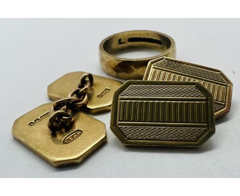 A 9ct yellow gold ring size K and a half&nbsp; (approximate weight 3.6 grams) and a pair of 9ct yellow gold cufflinks (approx