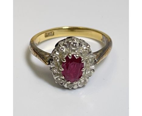 18ct Marked Yellow Metal Diamond And Ruby Ring  Size: M approximately   Approximate weight: 3.8g