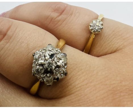 An old mine cut diamond cluster ring, along with an illusion set diamond solitaire ring. The cluster is marked &ldquo;18ct&rd