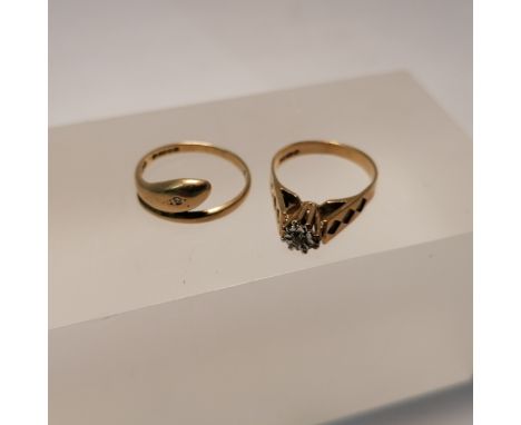 Two diamond set 9ct gold rings. Comprising a 9ct gold serpent ring, set with a single gypsy set, eight cut diamond. Size L. G