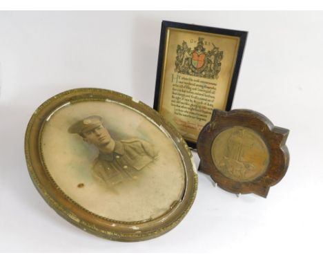 WWI DEATH PLAQUE ETC. A WWI Death Plaque in an oak frame for Corporal Henry Thomas Jenkins of the Northamptonshire Regiment w