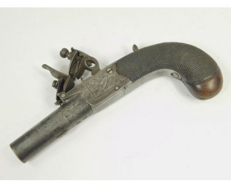 POCKET PISTOL. A late 18th/early 19th century flintlock pocket pistol by Hill of London. The steel barrel with engraved casin