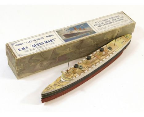 R.M.S. QUEEN MARY. A Chad Valley R.M.S. Queen Mary cardboard model comprising 13 sections, printed to represent the various d