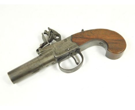 POCKET PISTOL. A late 18th/early 19th century flintlock pocket pistol by Rawlins & Co., London. The steel barrel & casing wit