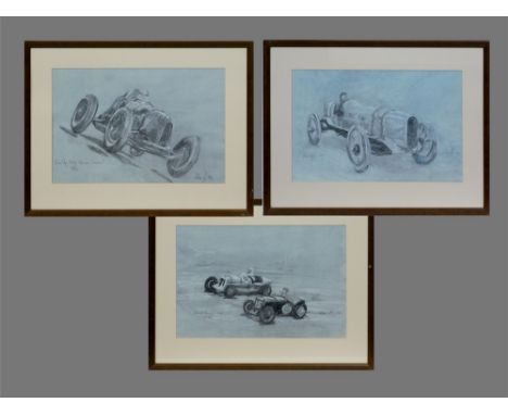 RACING CAR DRAWINGS. Three pencil, chalk & charcoal drawings of racing cars. Each titled & signed by the artist Peter K. & da
