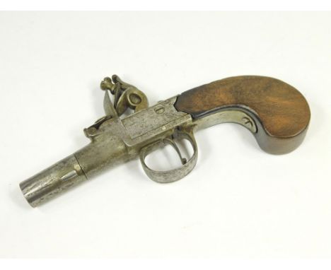 POCKET PISTOL. A late 18th/early 19th century flintlock pocket pistol (maker indistinct). With turn-off barrel, engraved lock