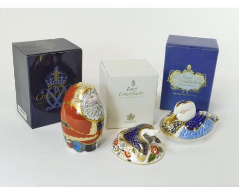 ROYAL CROWN DERBY. Three Royal Crown Derby paperweights: Duck, Mole & Santa Claus. Two with original buttons, one with cerami