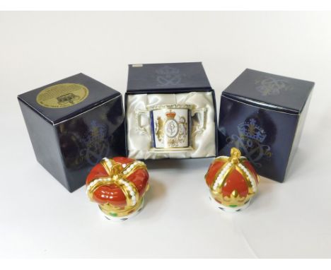 ROYAL CROWN DERBY. A Royal Crown Derby, Queen Elizabeth II, Golden Jubilee Crown, No 62/950, with gold button & one other Cro