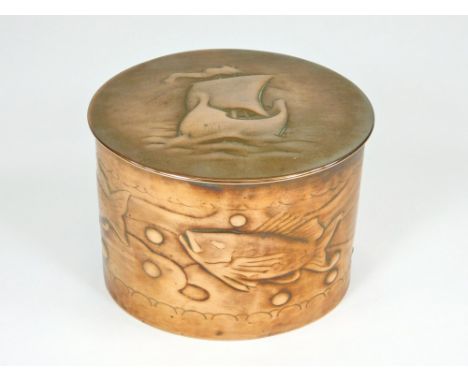 NEWLYN COPPER. A Newlyn copper oval tea caddy, the body embossed with a band of three different fish. The lid embossed with a