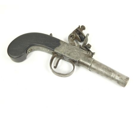 POCKET PISTOL. A late 18th/early 19th century flintlock pocket pistol by Dixon of Leicester. With steel barrel, engraved casi