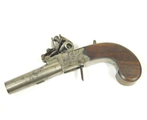 POCKET PISTOL. A late 18th/ early 19th century flintlock pocket pistol by Twigg, London. With steel barrel, engraved lock pla