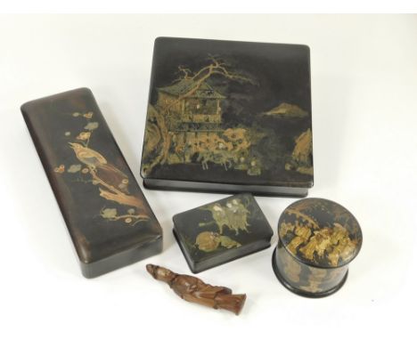 LACQUERED BOXES. A Chinese lacquered snuff box & two other Chinese boxes. Also, a lacquered glove box & a modern carved orien