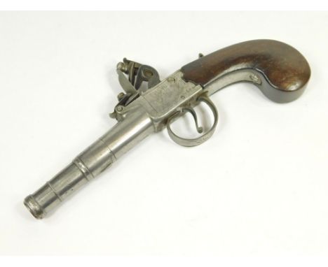 POCKET PISTOL. A late 18th century flintlock London pocket pistol (naming indistinct). With steel 'cannon' barrel & engraved 