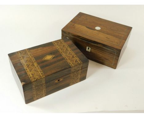 VICTORIAN BOXES. A Victorian rosewood veneered & inlaid work box with paper lined interior tray, & contents. Also, one other 