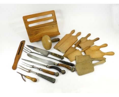 KITCHENALIA ETC. Victorian & later butter pats, a wire toasting fork, various carving knives & forks etc.  Please note that a