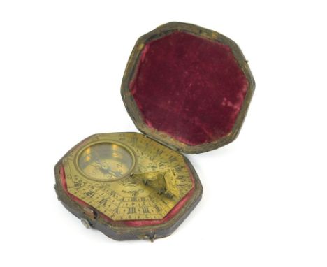 PORTABLE SUNDIAL/COMPASS. An 18th century horizontal, portable sundial compass, the octagonal base plate signed Menant, Paris