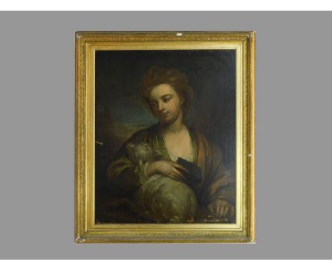 19TH CENTURY PORTRAIT. A 19th century portrait of a lady holding a lamb & a book in one hand. Oil on canvas, re-lined. Unsign