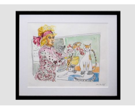 IAN DUNLOP. Ponckle Painting her Cats. Pen & ink & watercolour. Signed. 26 x 32cm.  Please note that all items in this auctio