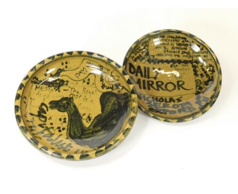 SUZANNE LANG. Two bowls with painted slogans by political activist Suzanne Lang. Diameter 22.5cm & 21cm. Note: Suzanne Lang p