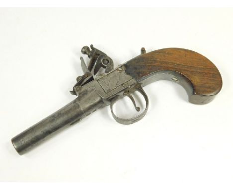 POCKET PISTOL. An early 19th century flintlock pocket pistol by Hill, London. With steel barrel & engraved casing. Walnut sla