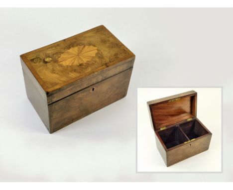 TEA CADDY. A 19th century mahogany & burrwood tea caddy with inlaid top. 21.5x12.5x14.5cm.Please note that all items in this 