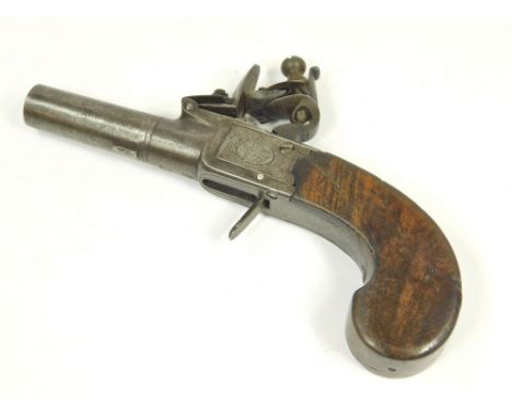 POCKET PISTOL. A late 18th/early 19th century flintlock pocket pistol by Twigg, London. With steel barrel, engraved lock plat