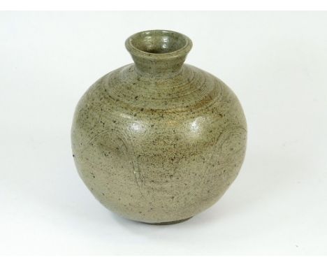JANET LEACH. A Janet Leach, salt-glazed globular vase with incised decoration. Personal & Leach Pottery marks. Height 17cm.  