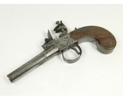 POCKET PISTOL. A late 18th/early 19th century flintlock pocket pistol by Twigg, London. The steel barrel & casing with engrav