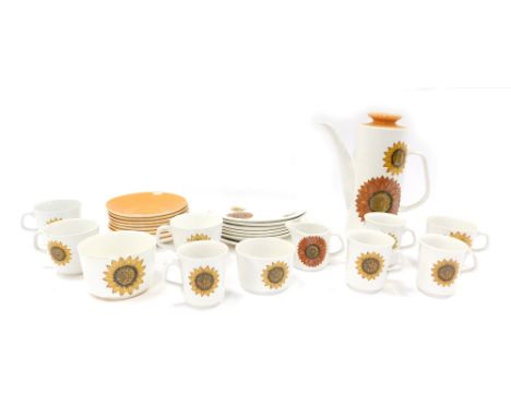 A J &amp; G Meakin retro sunflower coffee service, comprising coffee pot, seven saucers, milk jug, two sugar bowls, four teac