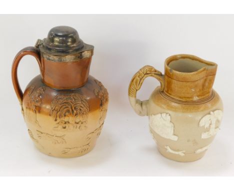 Two items of stoneware, to include a flagon, decorated with figures, windmill, hunting scene, with plated domed cover, and a 