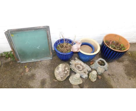 A group of garden pots and ornaments, bird bath, frog ornaments, trunk, blue glazed pots, and four glass panels, etc. (a quan