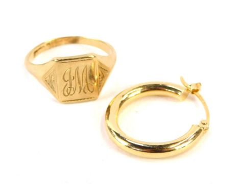 A 9ct gold gentleman's signet ring, with rectangular ring head bearing initials JM, and carved design shoulders, size K, toge