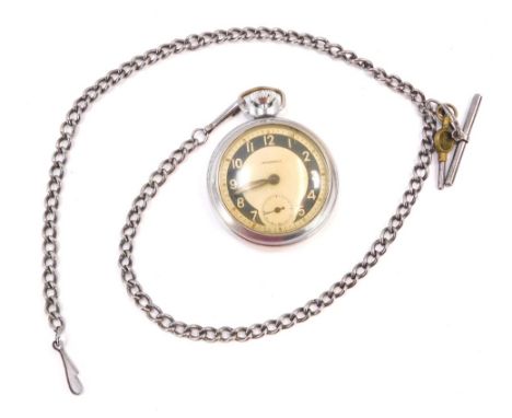 An Ingersol stainless steel pocket watch, with white enamel dial, painted hands and seconds dial, on a plated watch chain. 