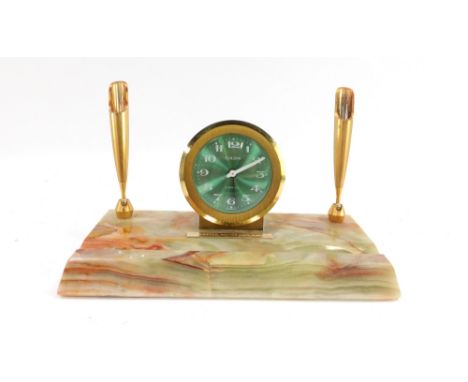 An onyx desk stand, with Europa green clock dial, and two brass pen mounts marked Federated Motor Industries, with pen inkwel