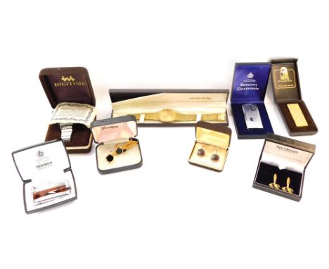 Gentleman's jewellery and effects, comprising a Favre-Leuba gent's gold plated wristwatch, Ronson lighter, cuff links, Wynn l