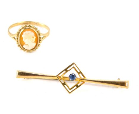 A 9ct gold cameo dress ring, ring size K½, and a bar brooch with central square design set with blue paste stone, yellow meta