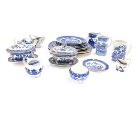 Various blue and white pottery, a Till &amp; Sons Venus milk jug, Spode blue and white wears, dinner plates, serving platers,