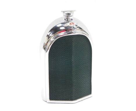 A Ruddspeed Bentley chrome radiator decanter, with green mesh grille and red enamel wings emblem, screw cap, impressed marks,