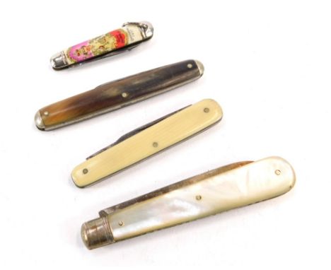 Four penknives, comprising a silver and mother of pearl handled penknife, a bone and stainless steel bladed knife, horn handl