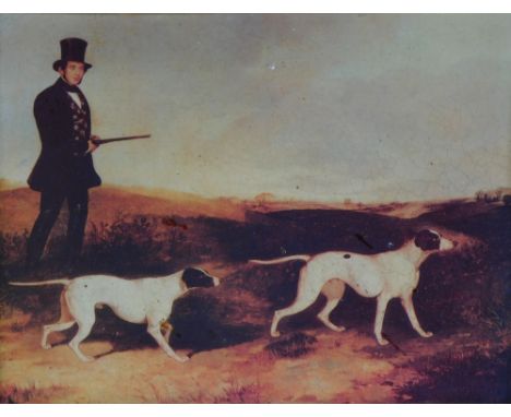 A reproduction hunting print, of a gunman and two hounds, print on board, 19cm x 24cm, in elaborate gilt and ebonised frame.