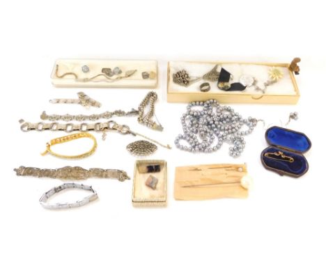 A group of Victorian and later jewellery, comprising two silver bracelets, filigree bracelet, faux pearl necklace, amethyst b