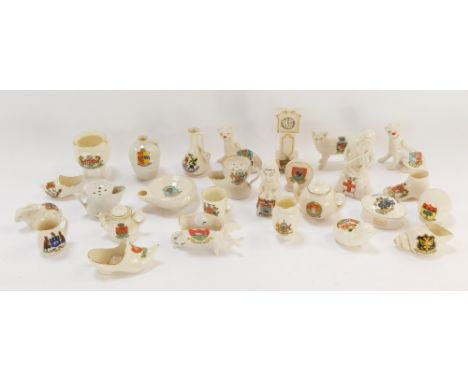 A group of crested china, comprising City Arms York, Swanage, trinket box for Bournemouth, Lowerstoft pin dish, etc.  (1 tray