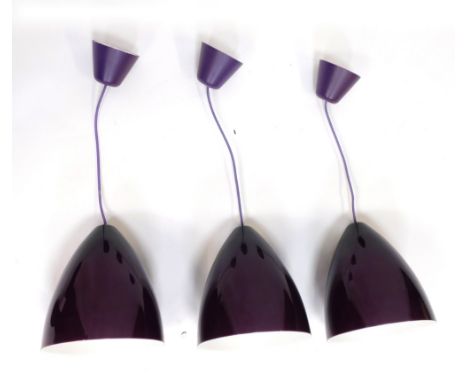 Three modern purple plastic domed light fittings, each light fitting 44cm high with additional 40cm drop. 