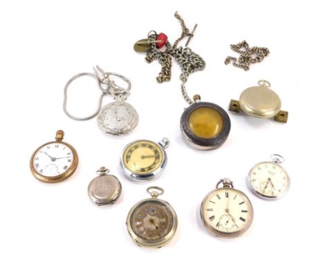 A group of pocket watches, comprising a late 19thC small silver fob watch, with white enamel dial, (AF), a Ingersol stainless