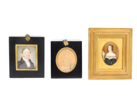 A group of three 19thC portrait miniatures, comprising a figure of a lady in black evening dress, watercolour, dated February