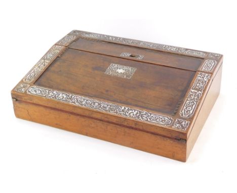 A late 19thC rosewood and mother of pearl inlaid writing box, the scroll detailed top and border opening to reveal a lined pu